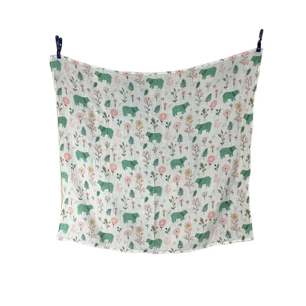 Green Bear Pink Flowers Muslin Swaddle Baby Blanket